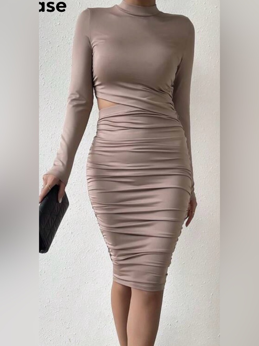 Long Sleeve Taupe Ruched Bodycon Dress